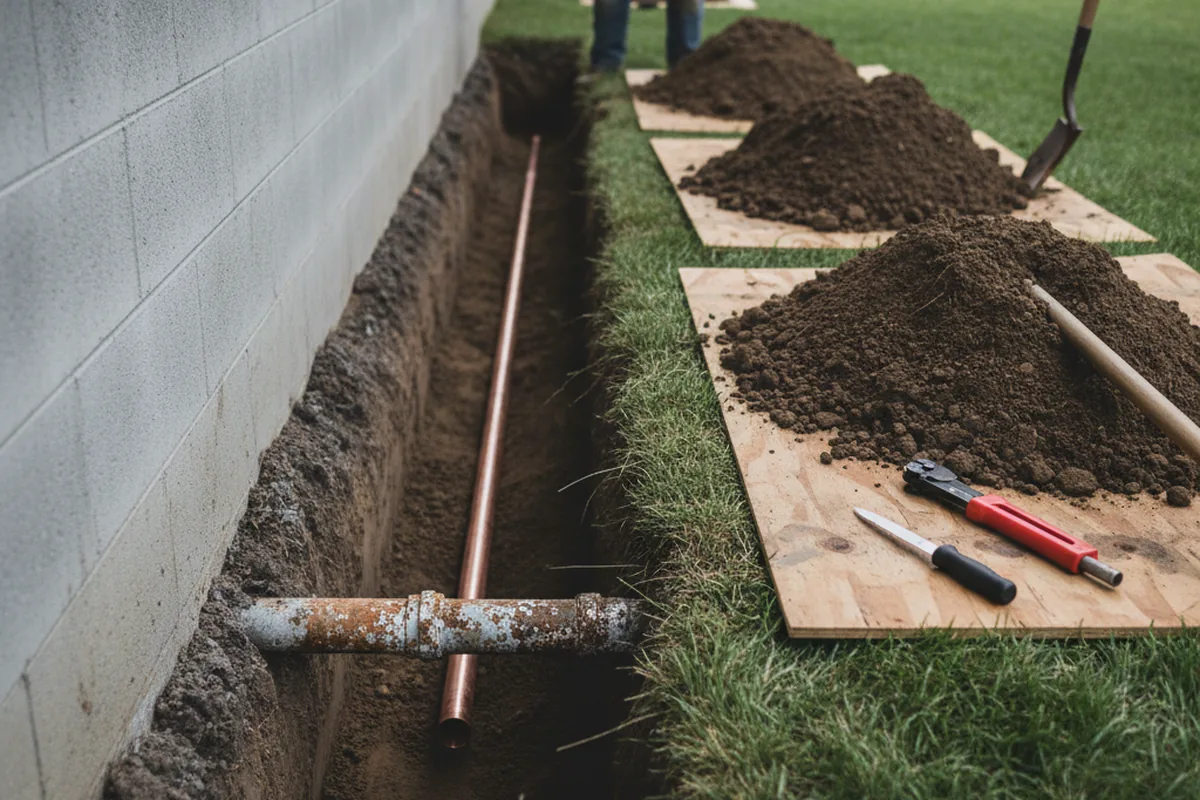 Excavated water line trench during Sewer Line Repair in Harper Woods